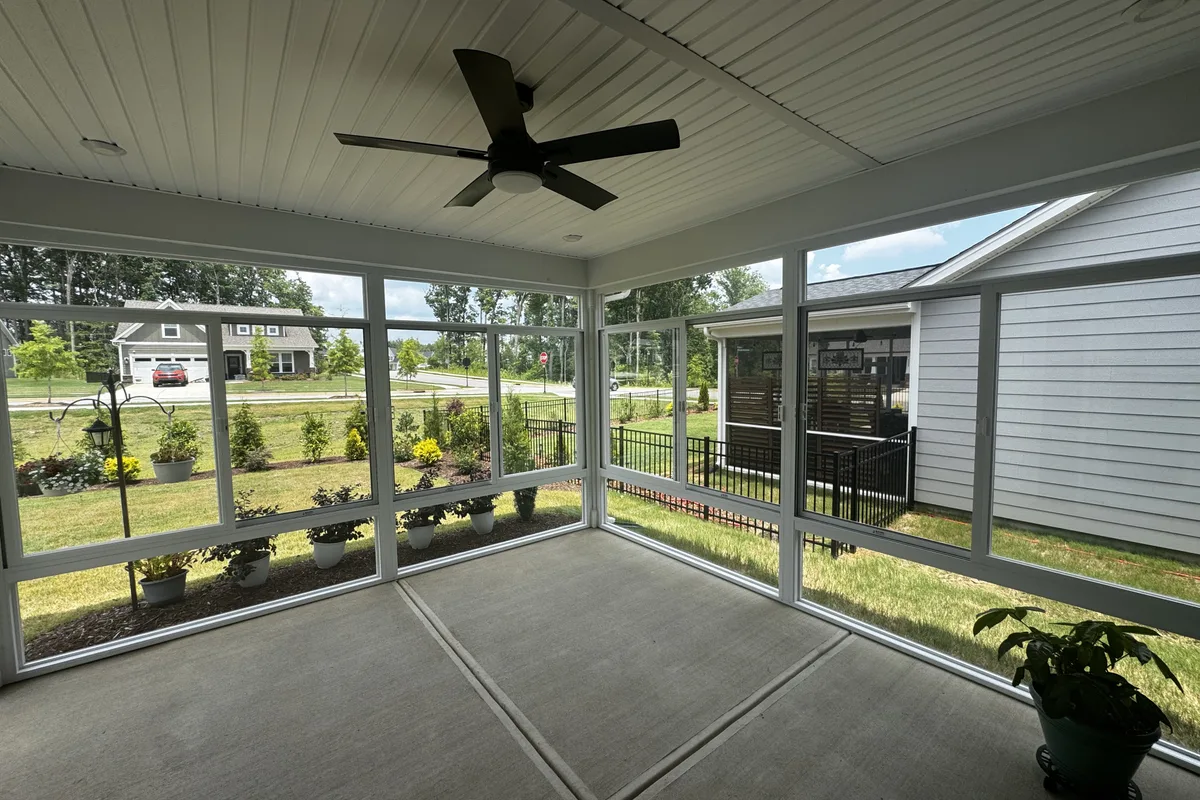 Finished 3-season glass room addition detail view Union County NC