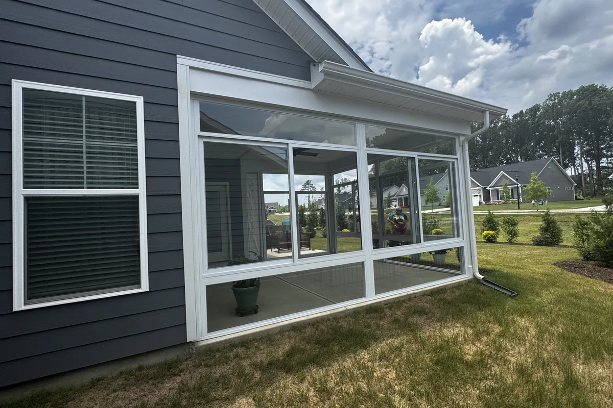 Completed 3-season sunroom glass and frame detail Union County