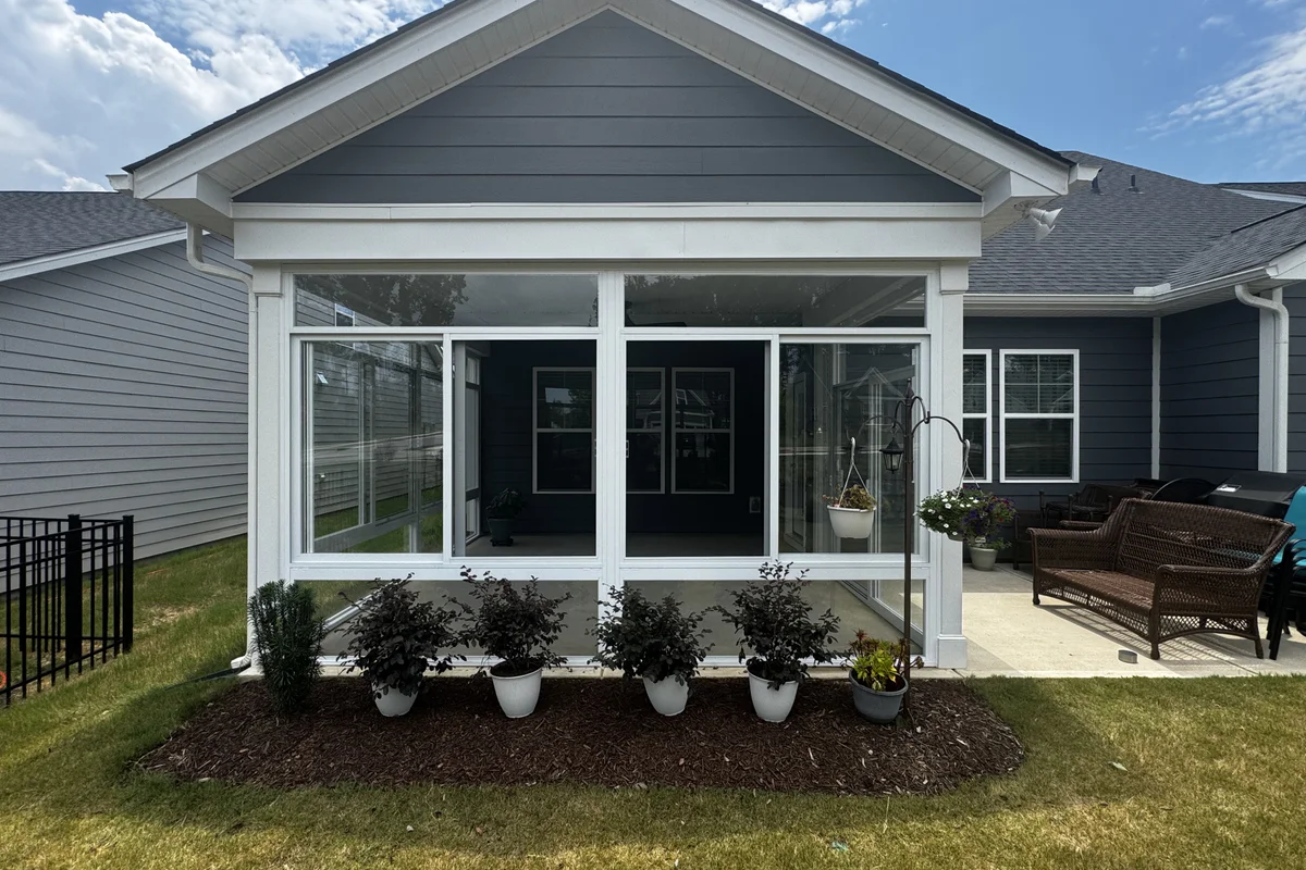 Finished 3-season glass enclosure exterior view Mantle Ridge Indian Trail NC