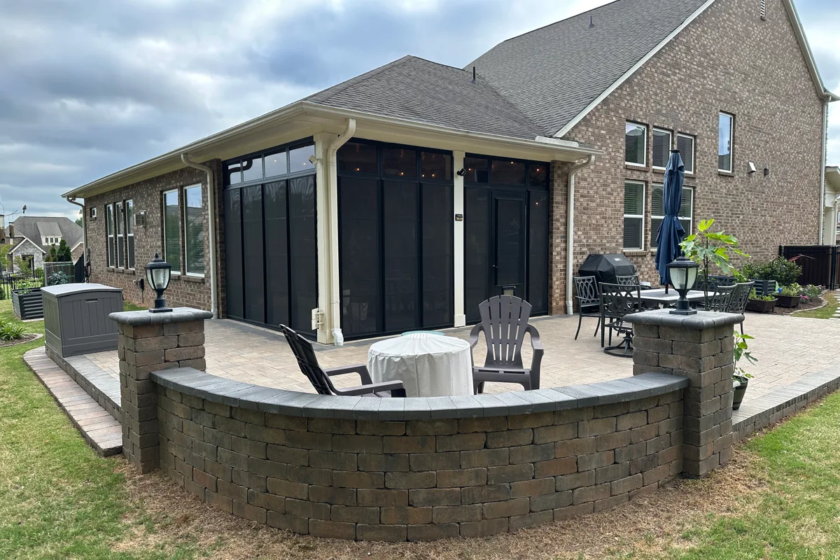 Completed porch enclosure with vinyl film Matthews NC detail view
