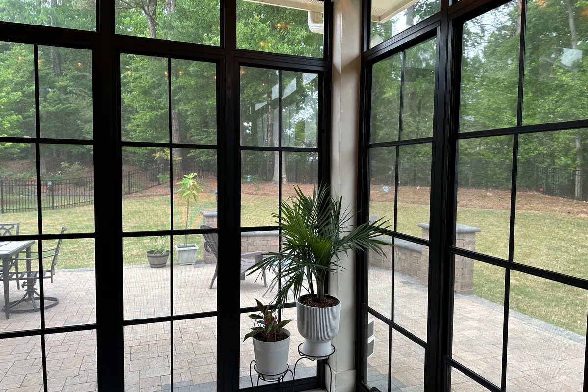 3-season room vinyl film installation Livery Stable Charlotte NC detail
