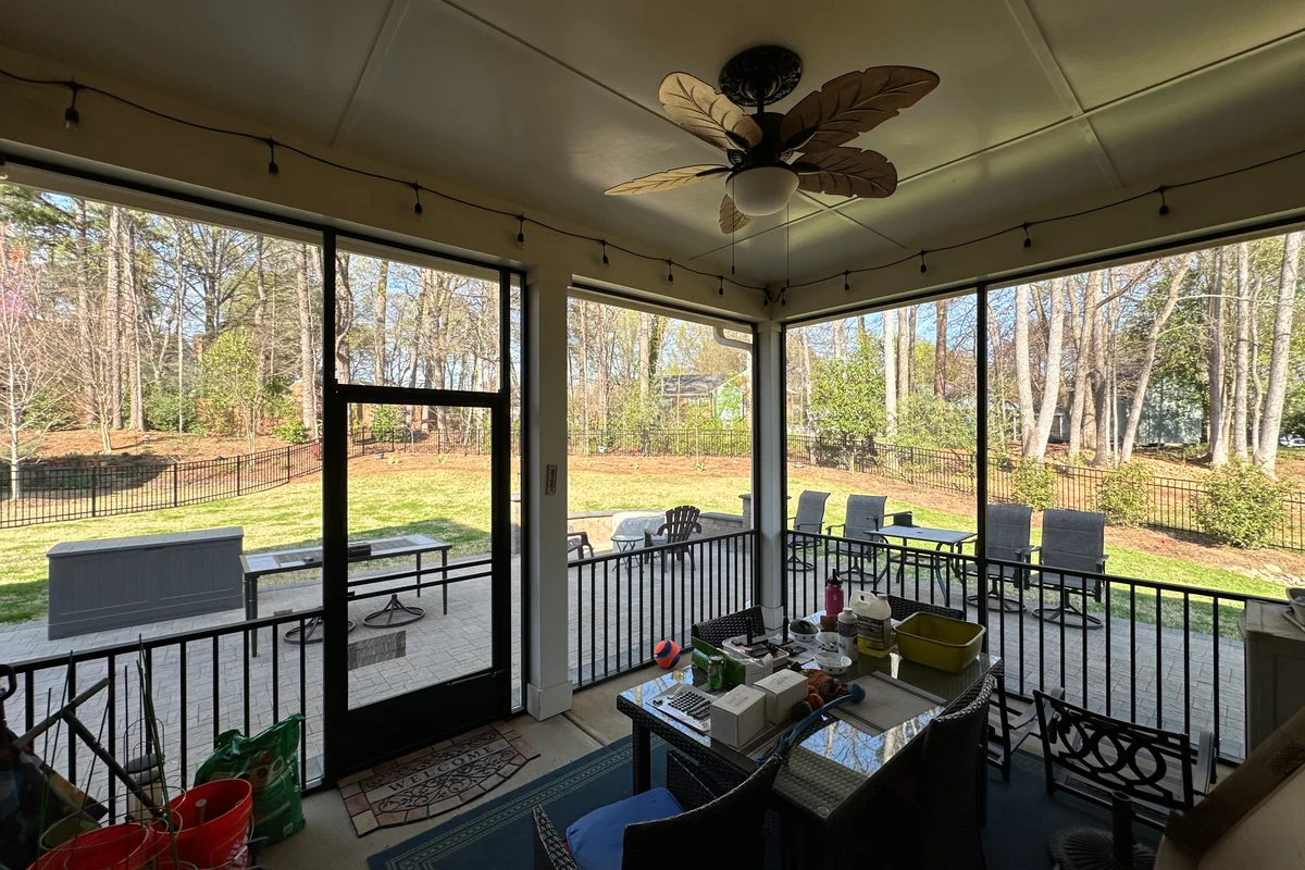 3-season vinyl film porch enclosure completed at Livery Stable Matthews NC exterior view