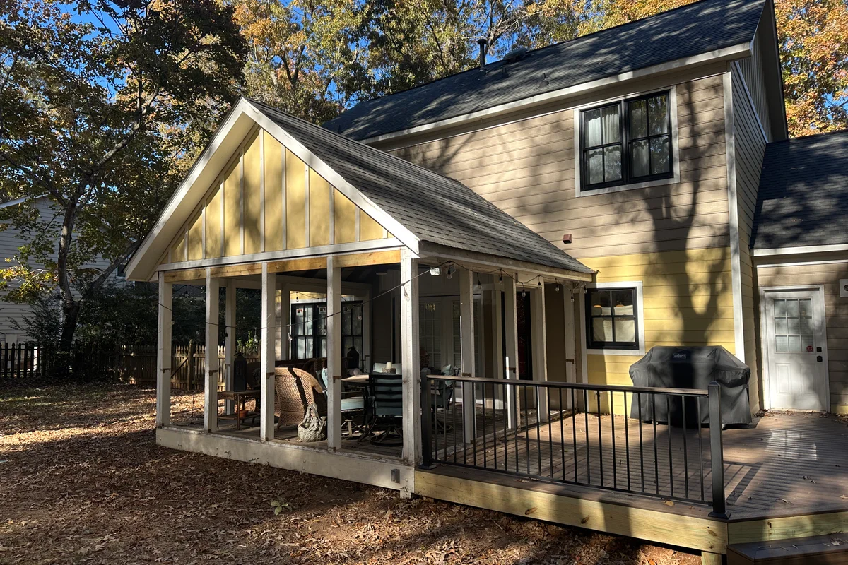 Completed 3-season vinyl film enclosure exterior view in Monroe NC