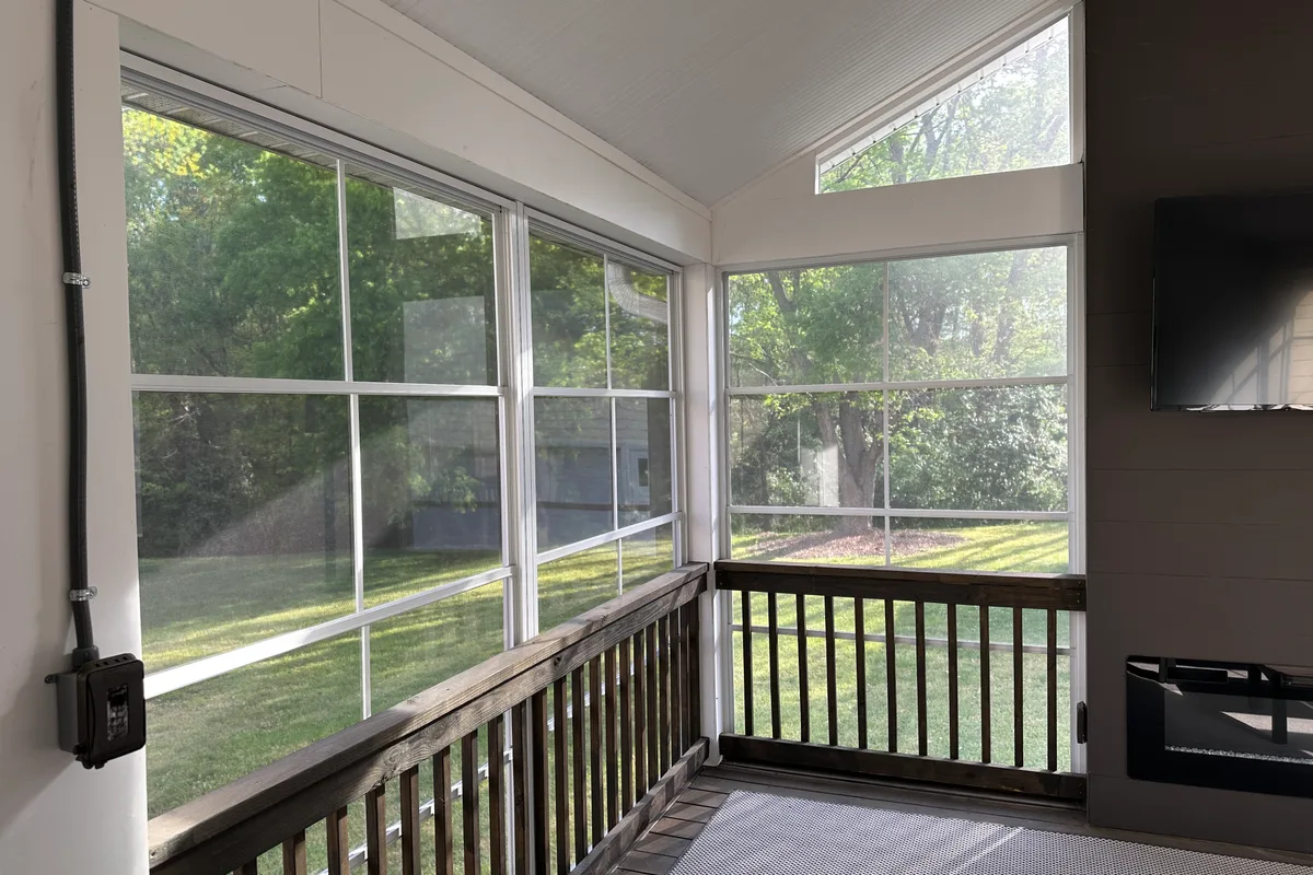 Final 3-season porch enclosure vinyl film installation detail Mecklenburg County